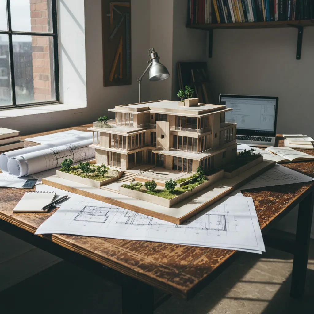 Modelo arquitectónico de casa junto a planos técnicos sobre una mesa