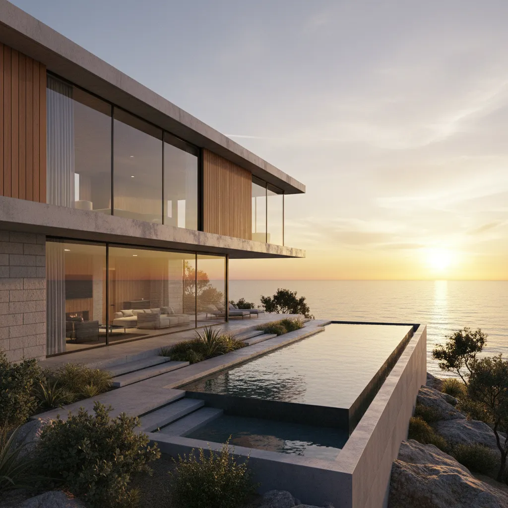 Modern luxury house with infinity pool and large windows overlooking the ocean during a golden sunset