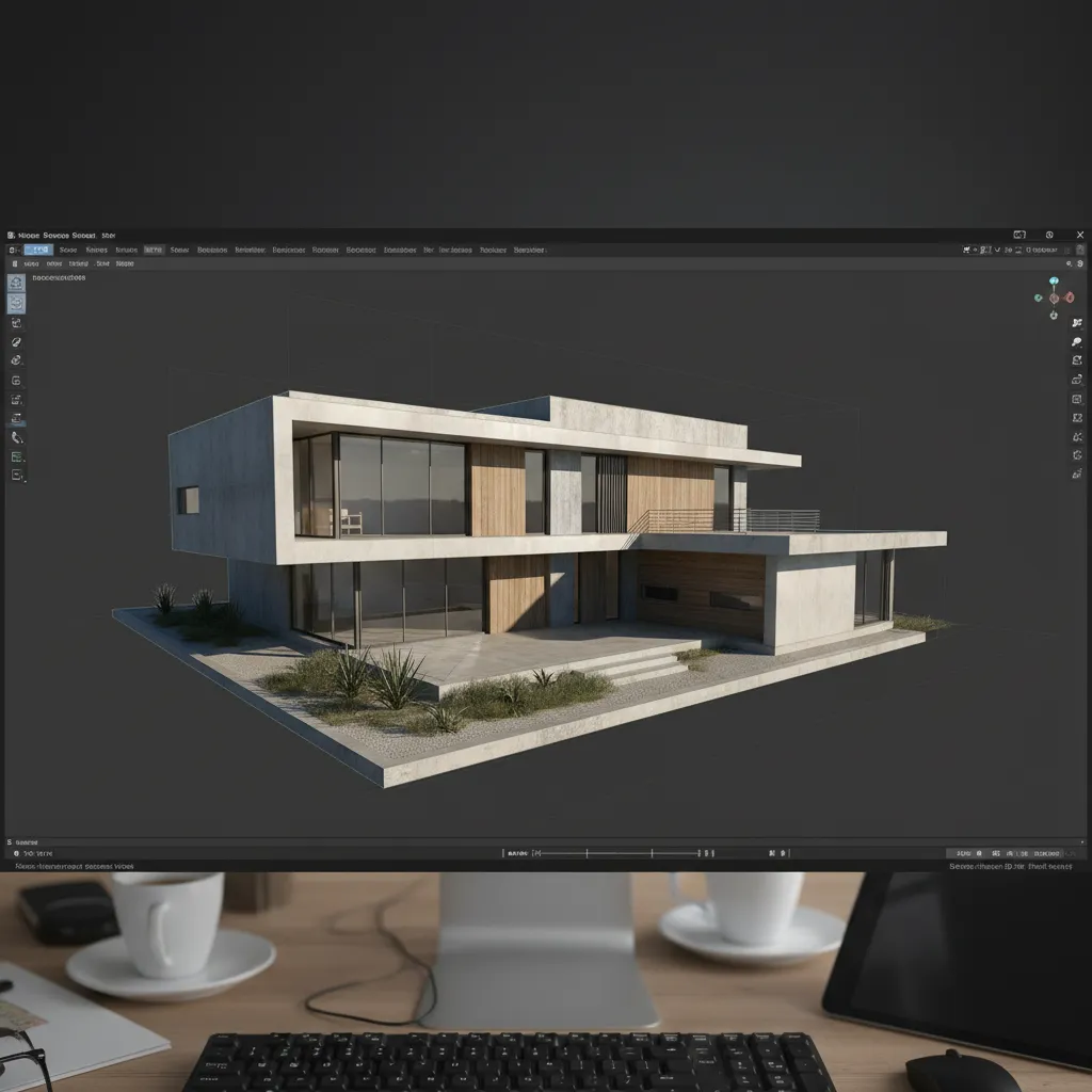 Modelo tridimensional de una casa moderna creado en software de diseño