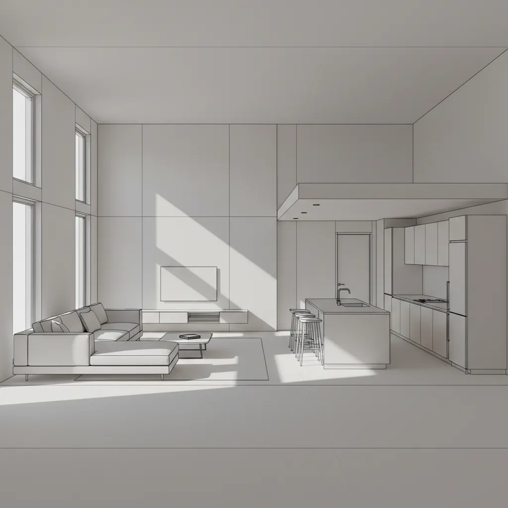 Modelo 3D de interior de casa con paredes y mobiliario básico en SketchUp