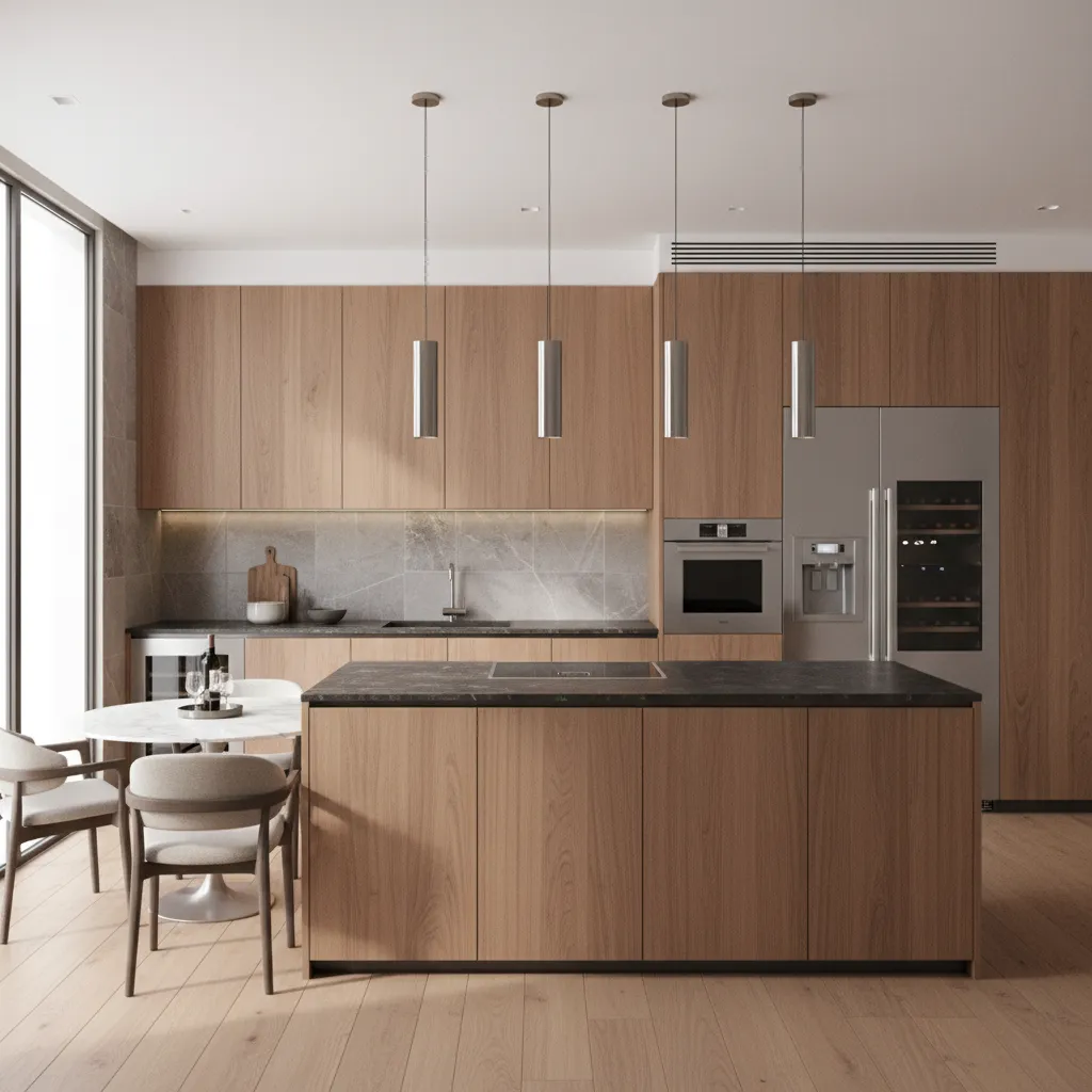 Modelo de cocina en 3D mostrando distribución funcional