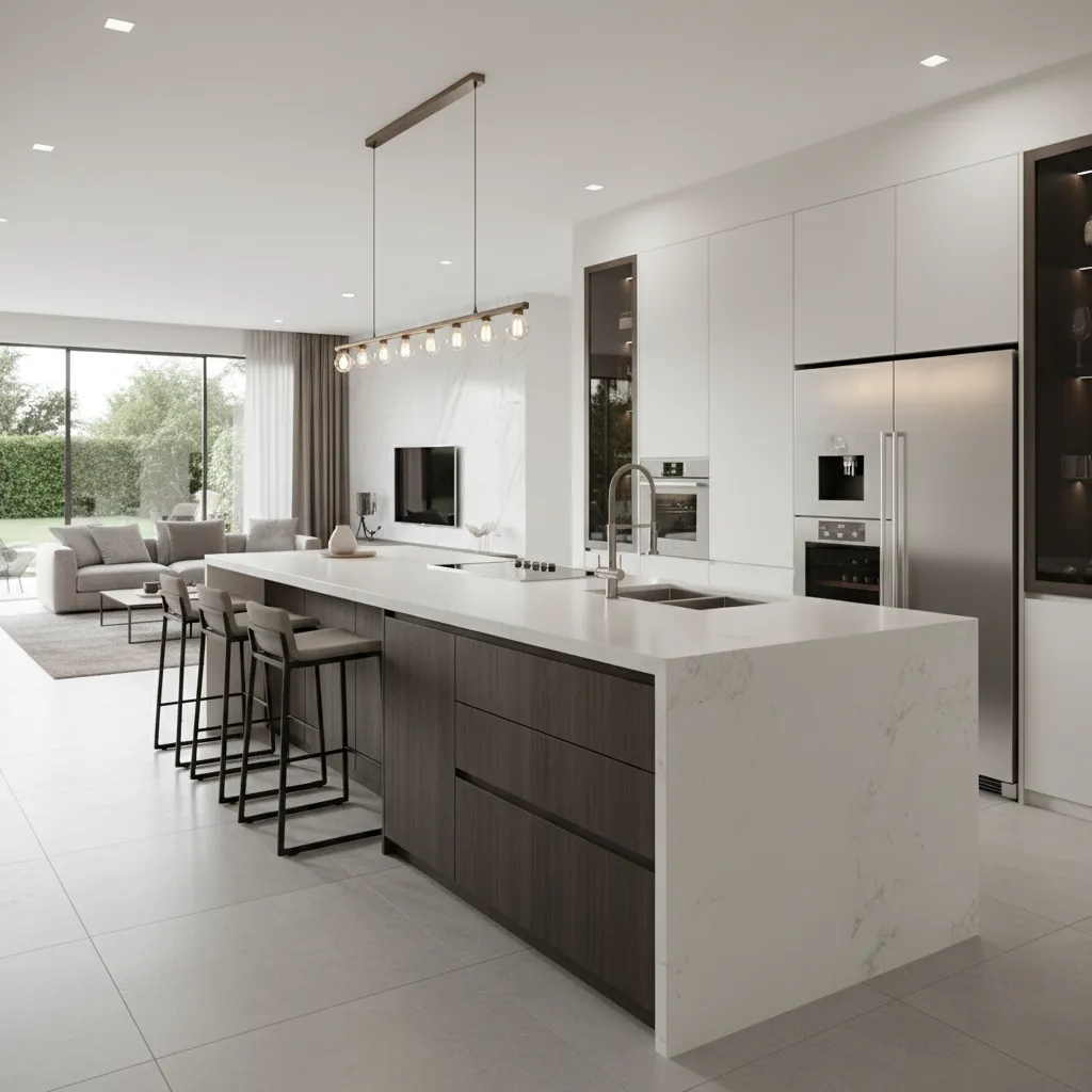 Modelo 3D de cocina con isla en diseño de casa