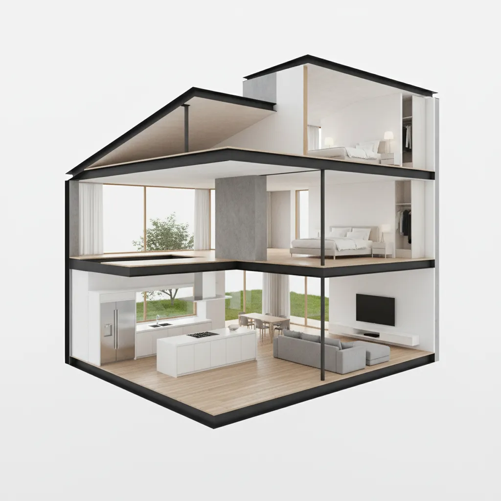 Vista completa de una casa en modelo 3D con varias habitaciones