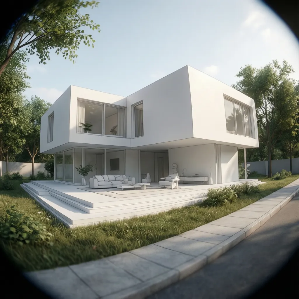 modelo 3D de una casa mostrando volumen y fachada