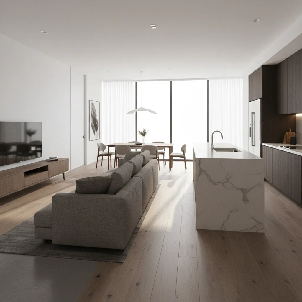 modelo interior de casa en 3D con muebles y materiales realistas