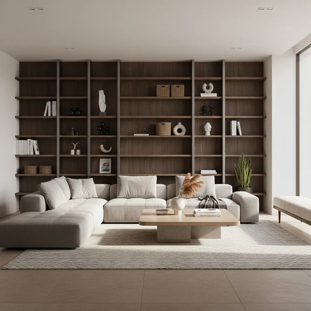 Modern living room with dark wood wall shelves grey sofa wooden coffee table and soft rug