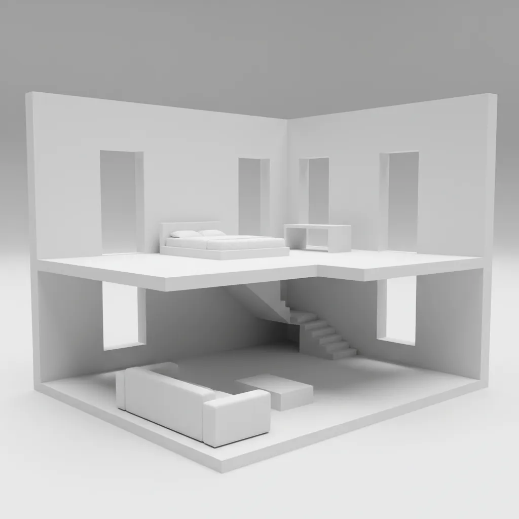 Modelo conceptual simple de interior usado en fase inicial de diseño