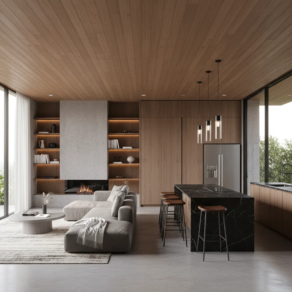 Modern open kitchen and living room with wood ceiling black island stools grey sofa fireplace