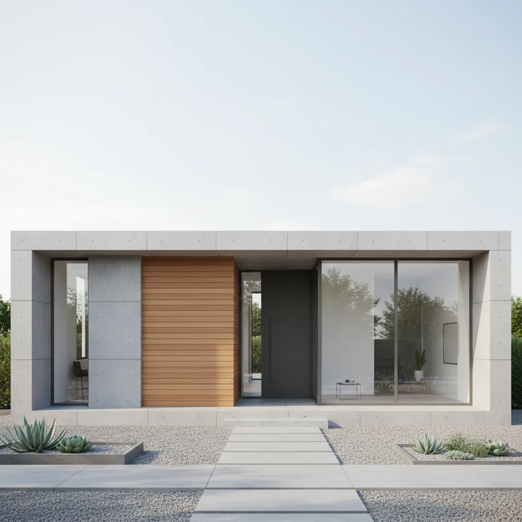 Modern single story house exterior with concrete walls wood panels large windows and gravel yard