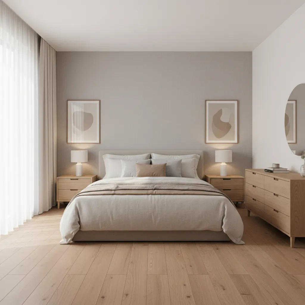 modern 10x12 bedroom showing standard bedroom size with queen bed and nightstands