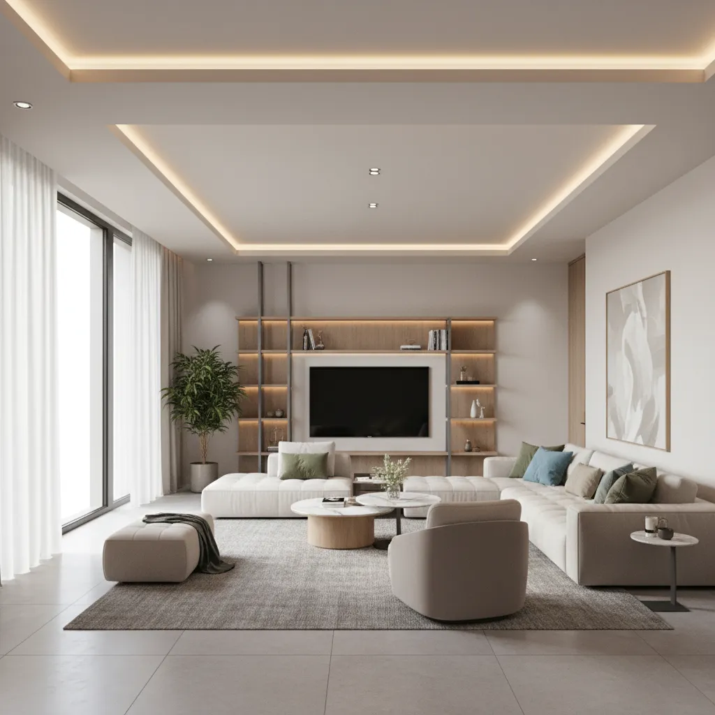 Modern 10x20 living room with layered false ceiling and soft LED lighting