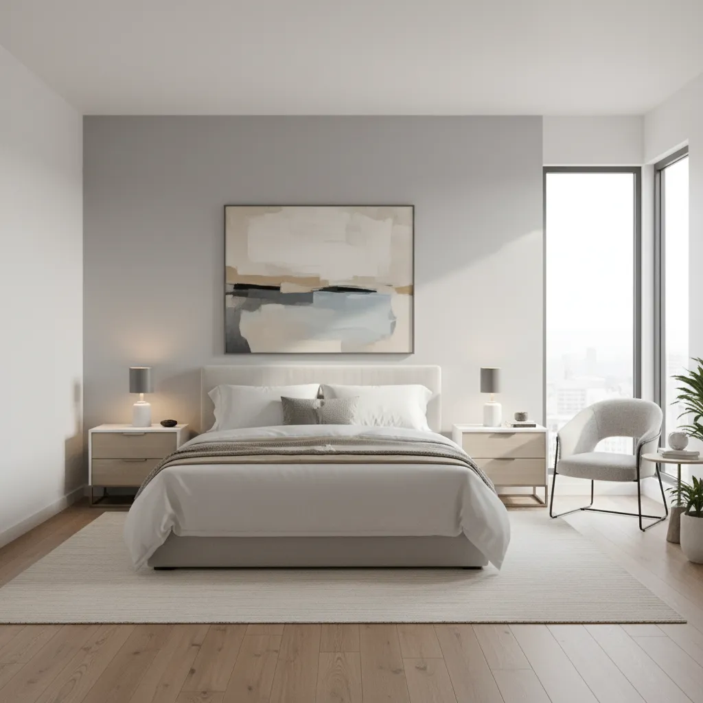 modern 15x15 bedroom layout with bed centered and reading chair near window