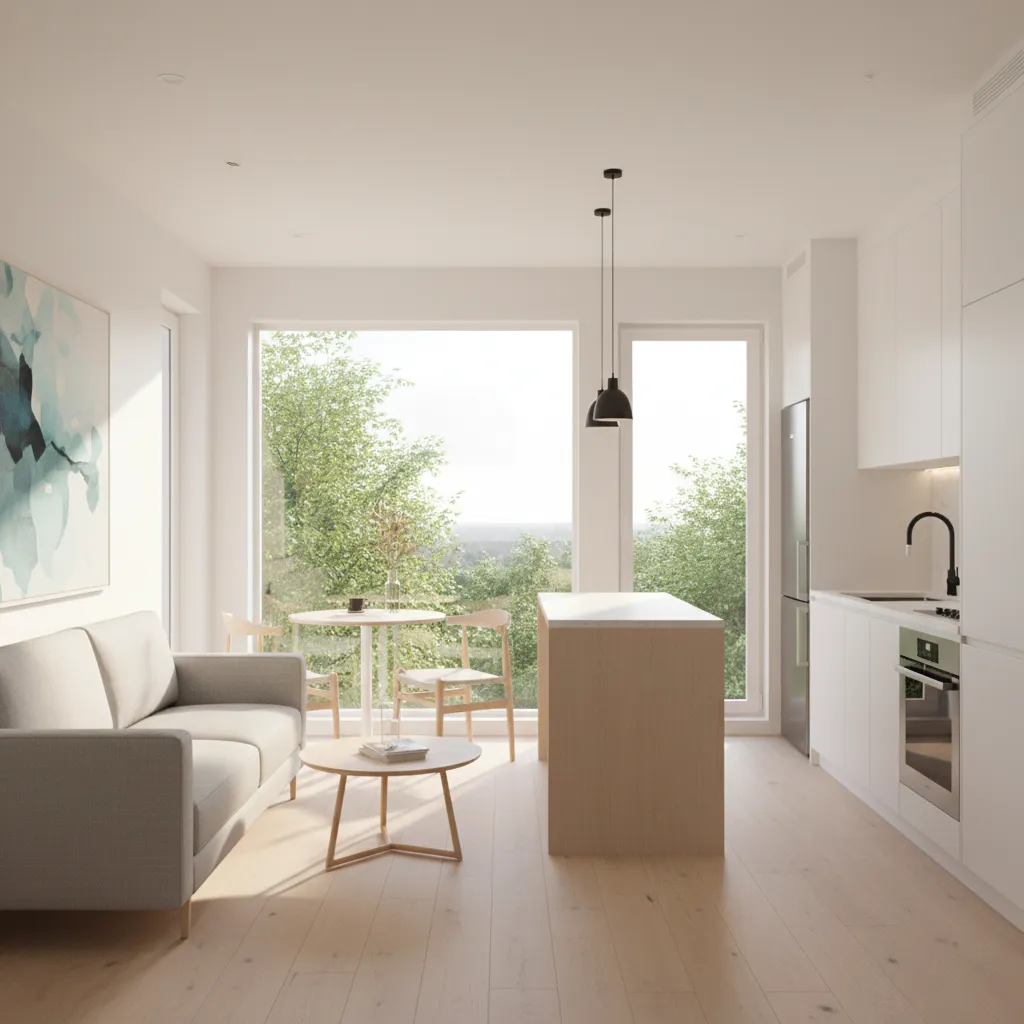 Interior of a modern 18x30 tiny house with open living room and kitchen