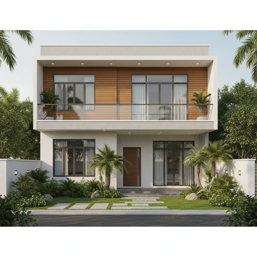Modern two story house with white walls wood panels glass balcony and tropical green plants