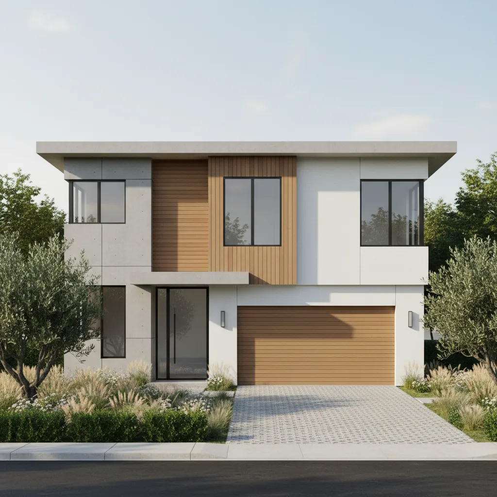 Front elevation of a modern 2000 sq ft two-story house with balanced facade