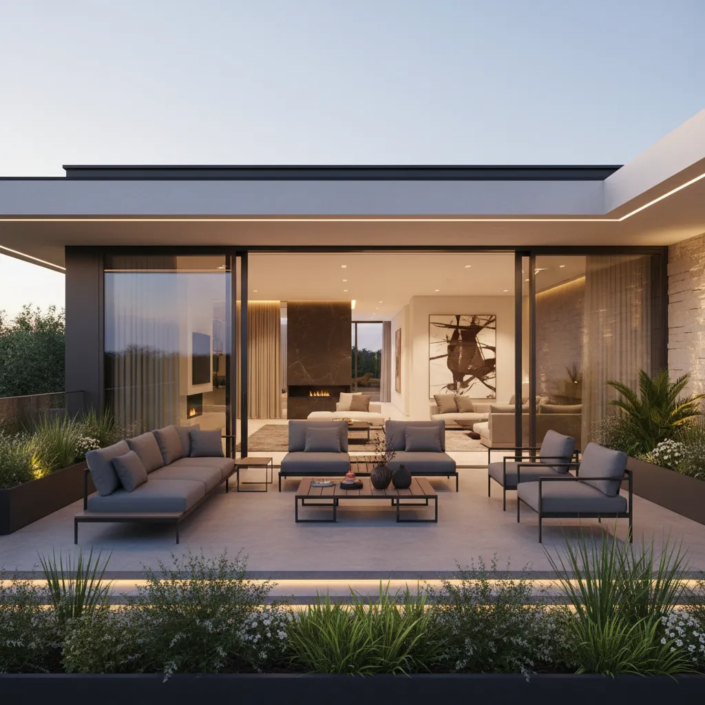 Terraza conectada al salón en una casa moderna de 200 metros cuadrados