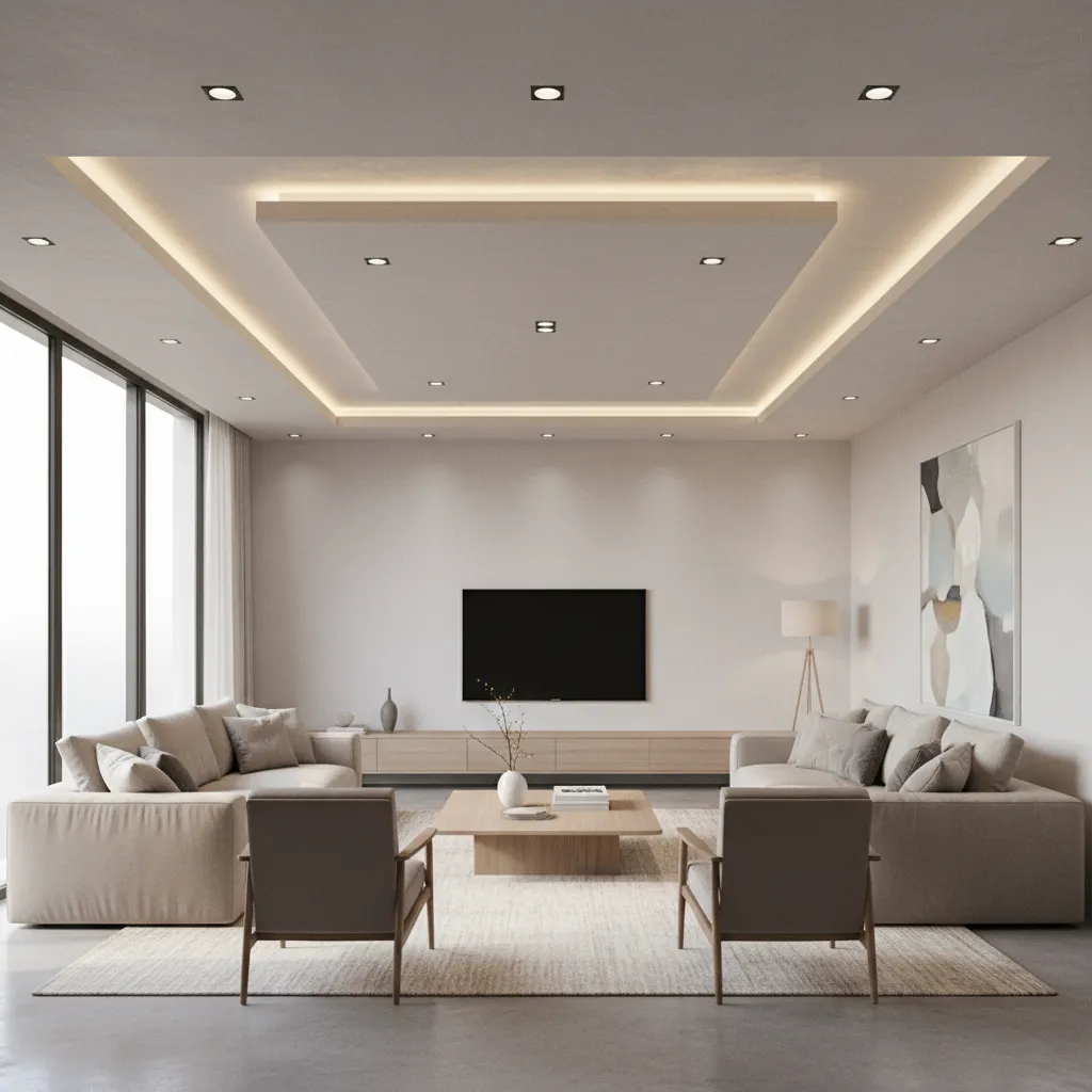 Layered gypsum ceiling with recessed lighting in modern living room