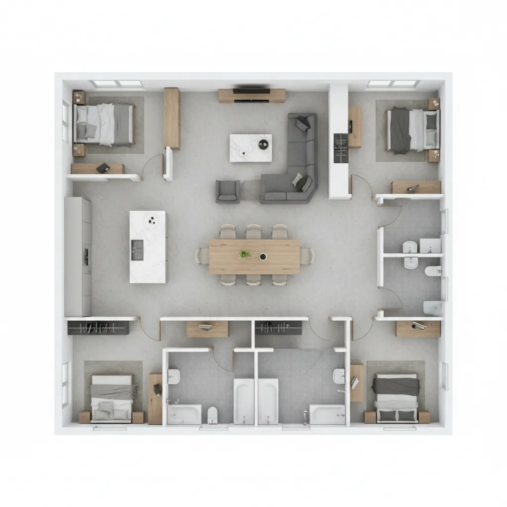 3D floor layout of a 2500 sq ft modern house showing open living spaces