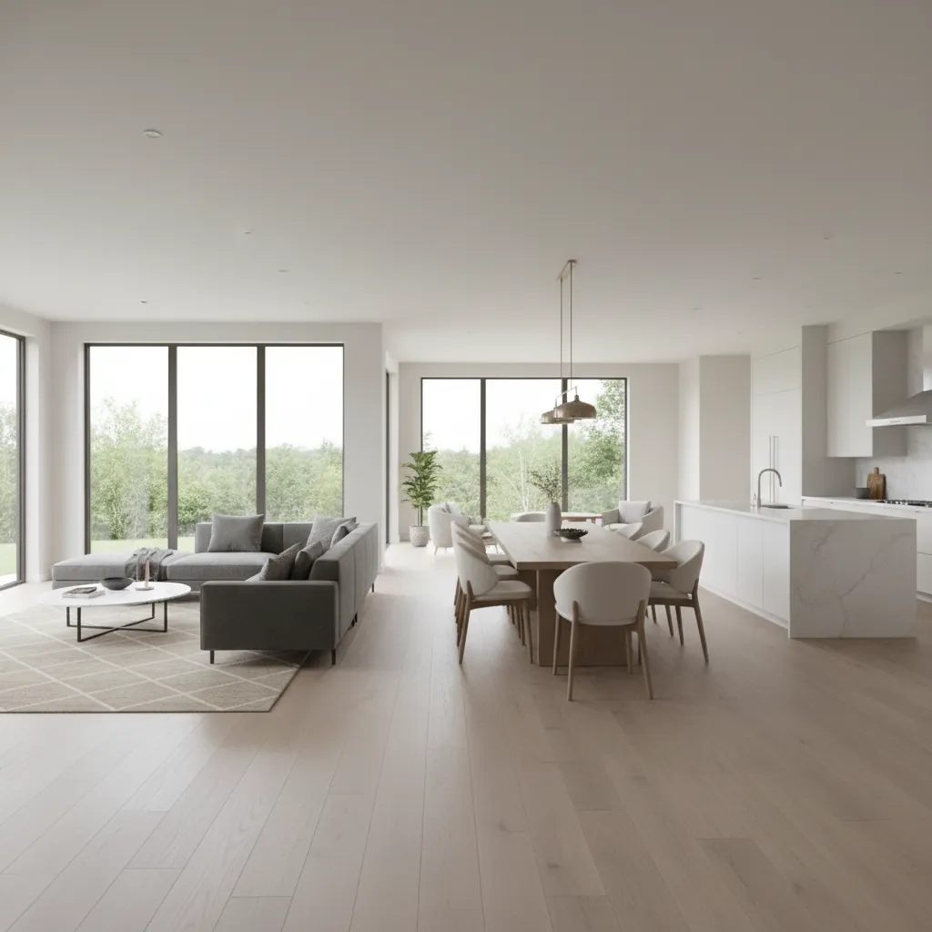 Modern single story 3 bedroom house interior layout with open living room and kitchen