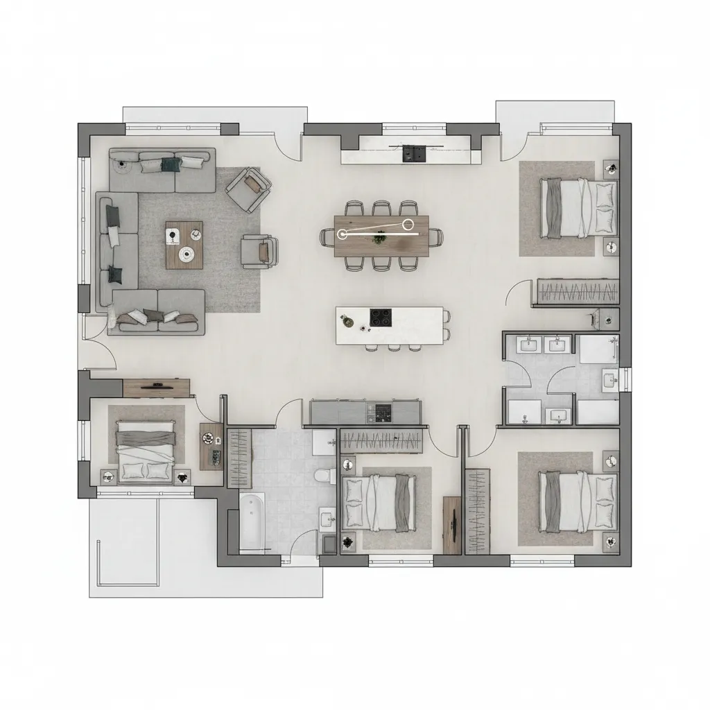 planta de casa moderna com três quartos e sala integrada