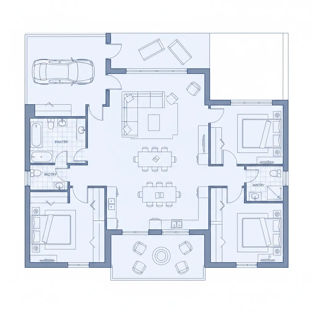 planta de casa moderna com três quartos e suíte