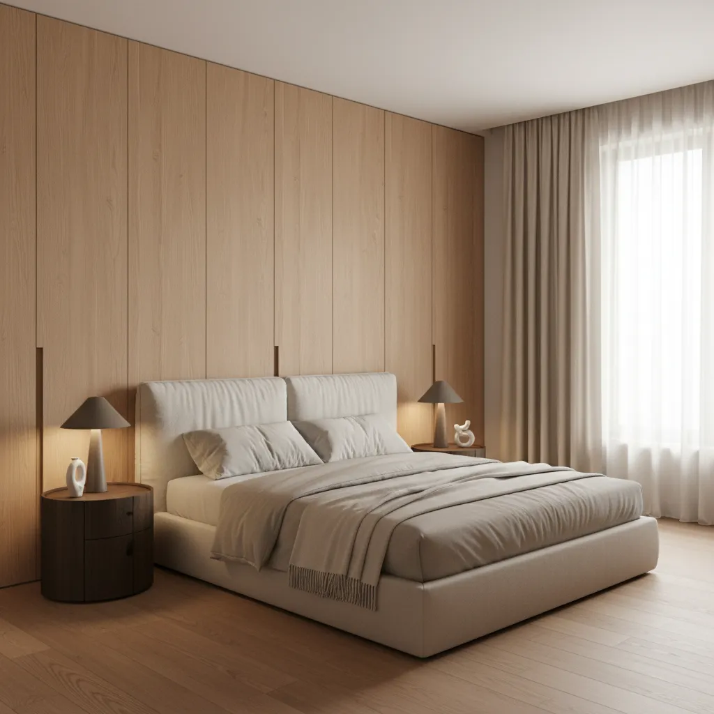 Modern master bedroom interior in a 3 BHK apartment