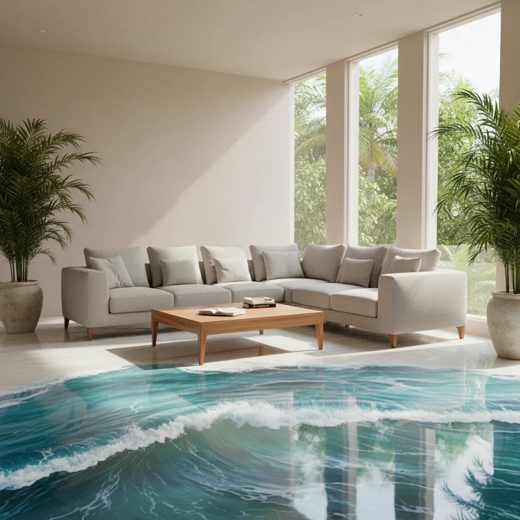 Modern living room with glossy 3D epoxy flooring design
