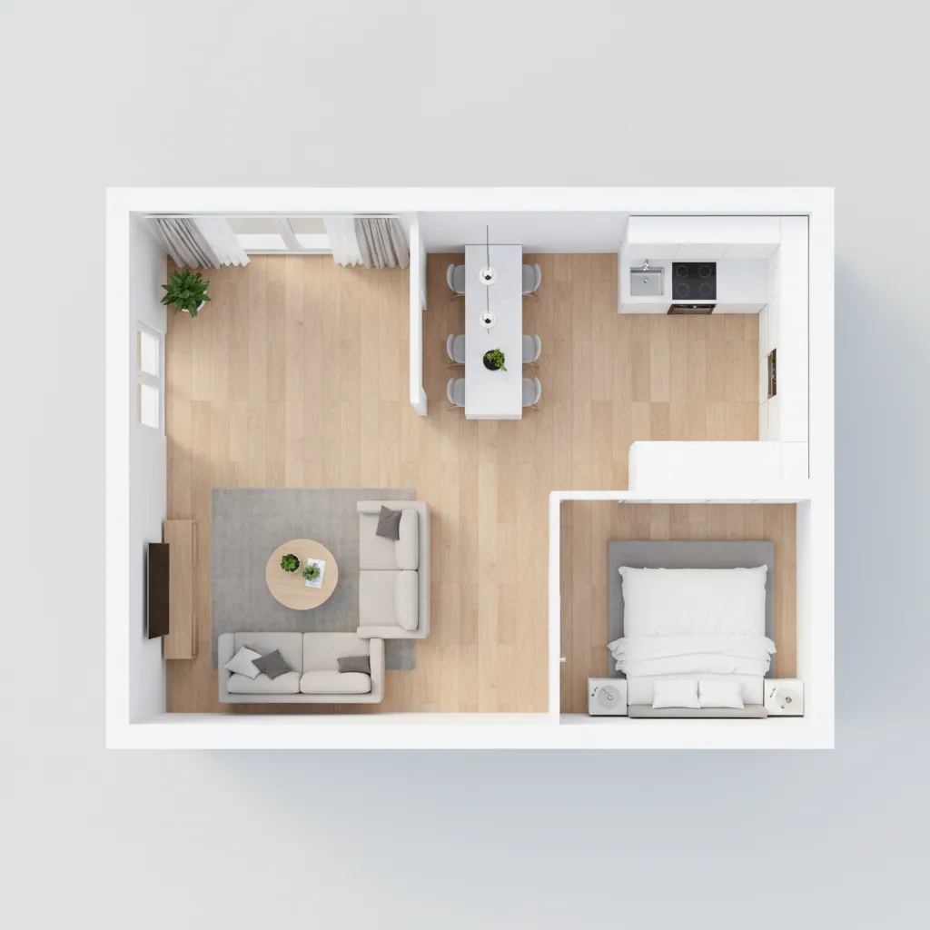 clean modern 3D floor plan overview showing living areas and bedroom layout
