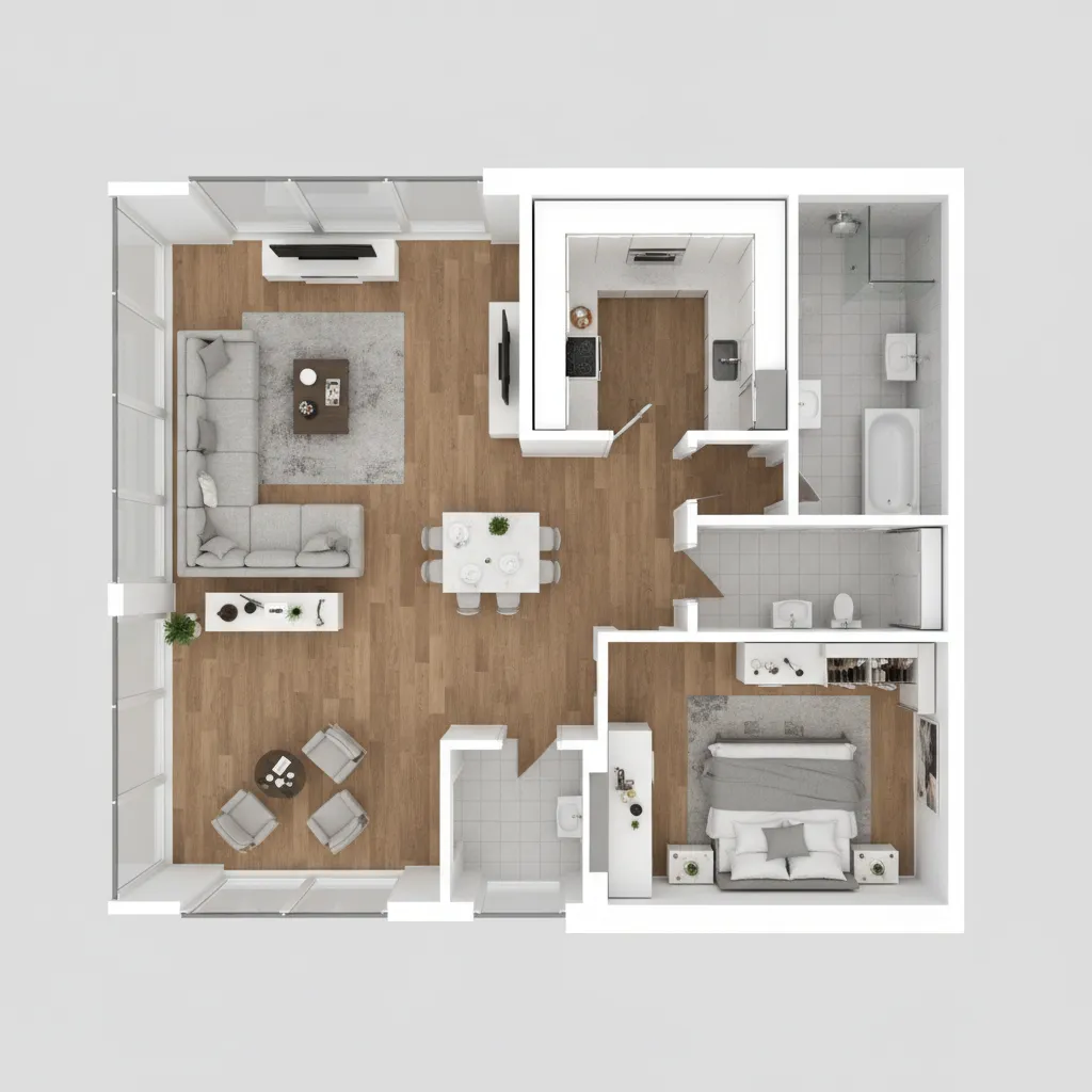 Realistic 3D floor plan of a modern apartment with furniture layout