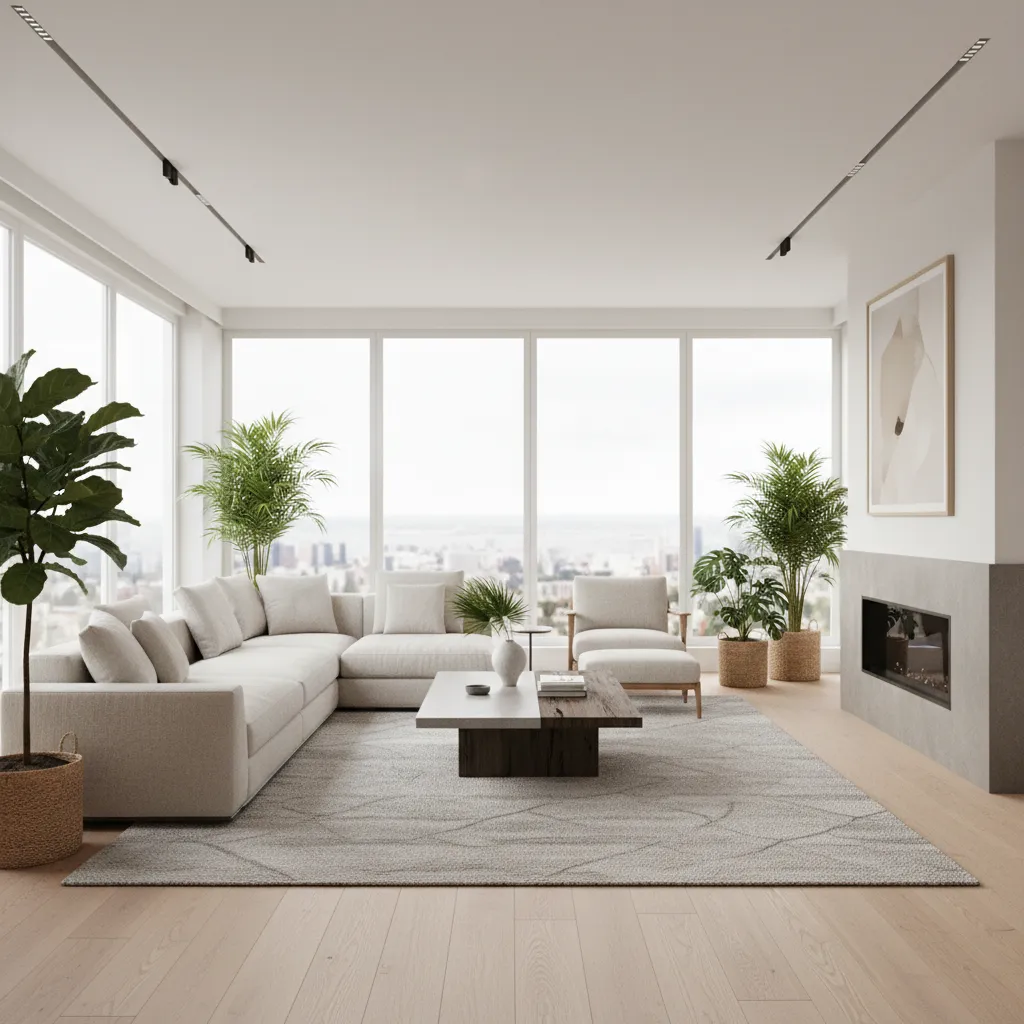 Render 3D realista de un salón moderno diseñado digitalmente