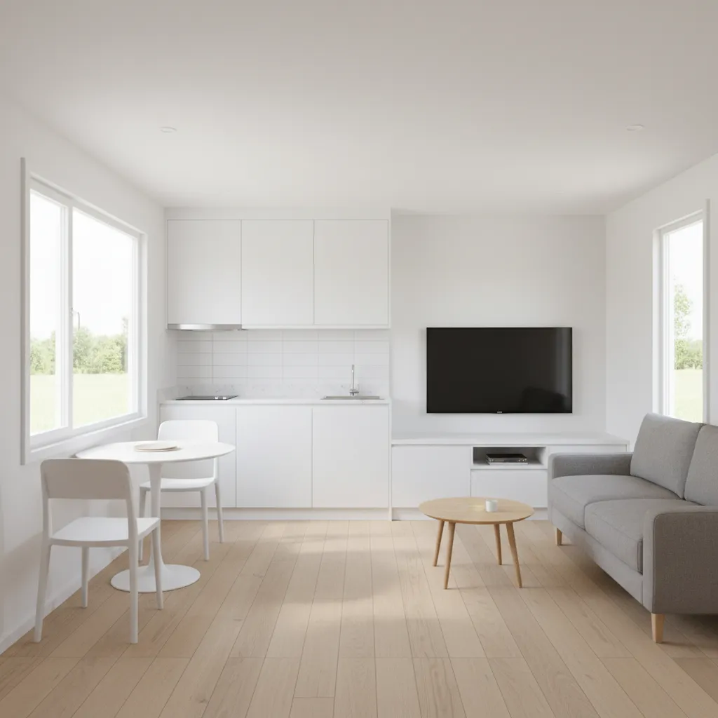 bright modern interior of a 460 sq ft mobile home with open layout