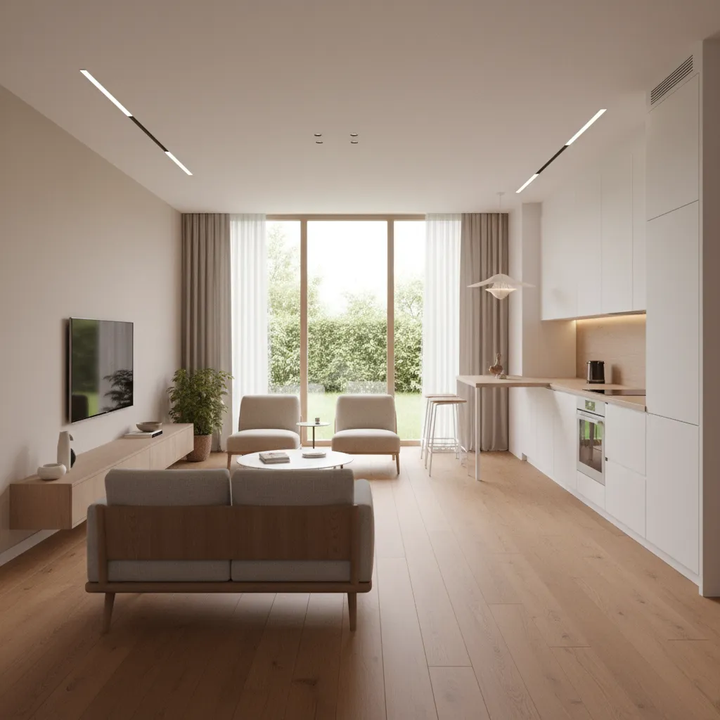 Modern open plan living room with white kitchen wooden floor grey sofa and garden view