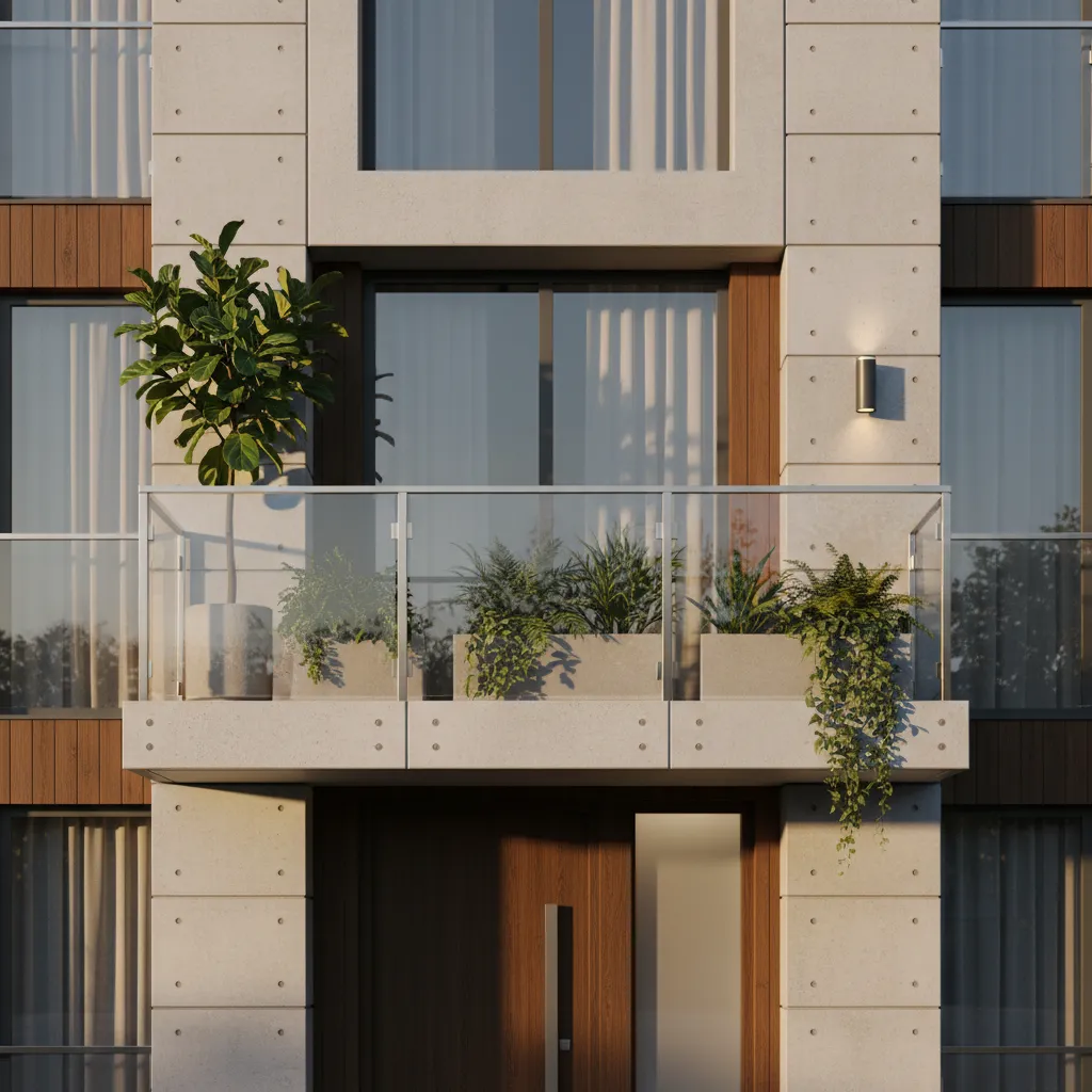 Modern balcony with glass railing concrete wall light fixture and several green plants in pots