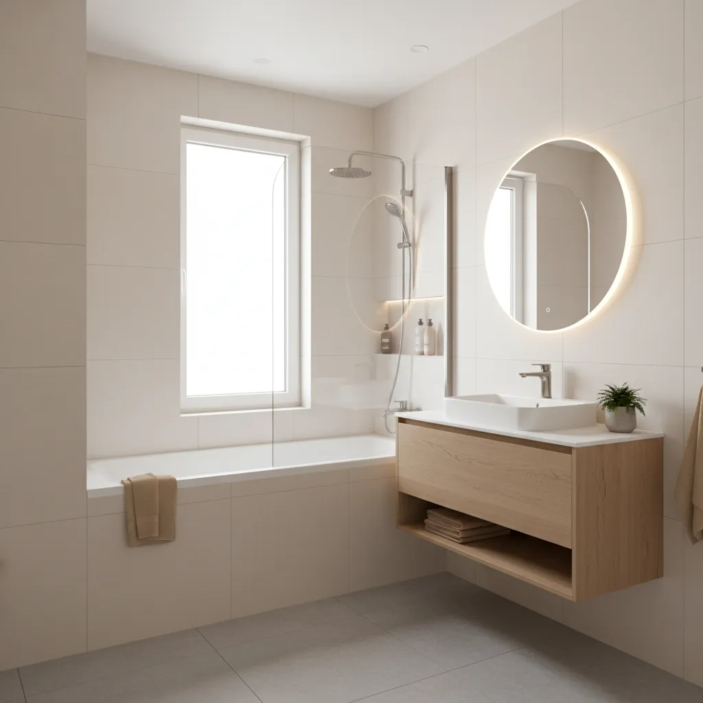 Modern renovated 5x8 bathroom with light tiles and glass shower