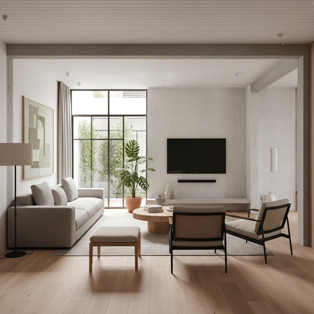 Modern living room with grey sofa wooden floor footrest two chairs large windows green plants