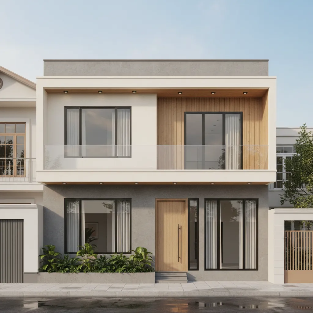 Ngoại thất nhà 2 tầng mặt tiền 7m phong cách hiện đại