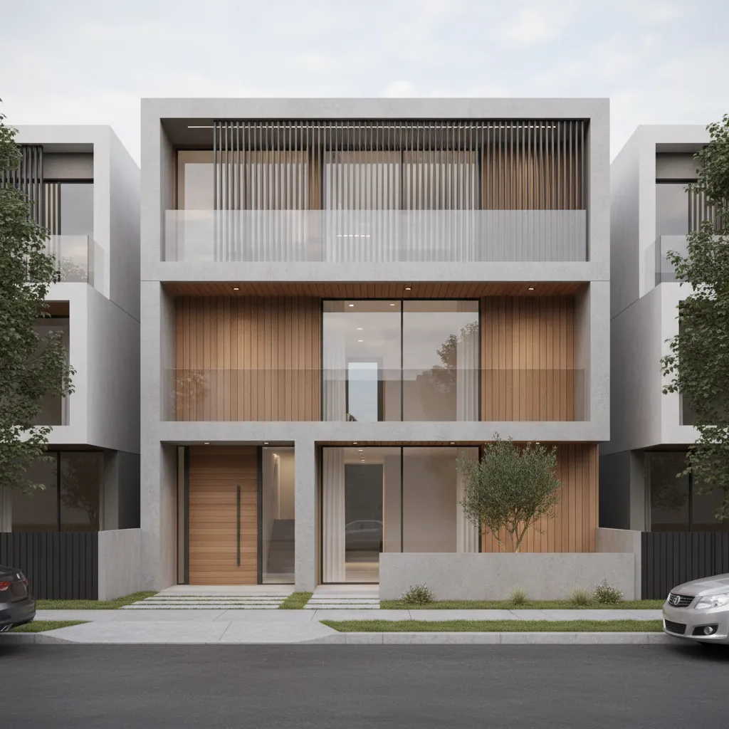 Mặt tiền nhà phố 8m hiện đại với ban công và lam che nắng