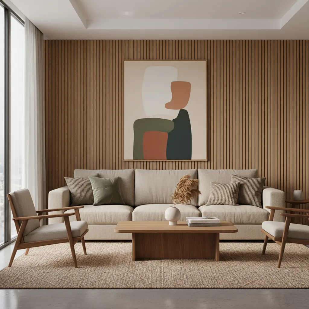 Modern living room with wood wall panel beige sofa wooden coffee table and abstract art