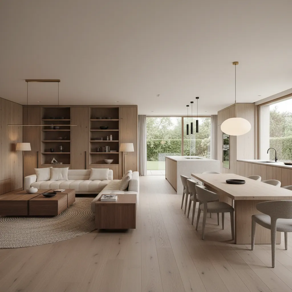Open plan living area with white sofa, wooden dining table, kitchen island, and wall shelves
