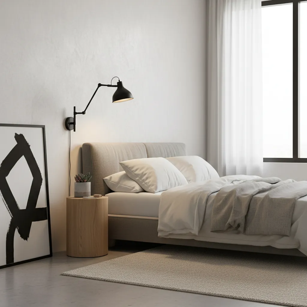 Modern adjustable swing arm wall sconce installed beside a bed for reading