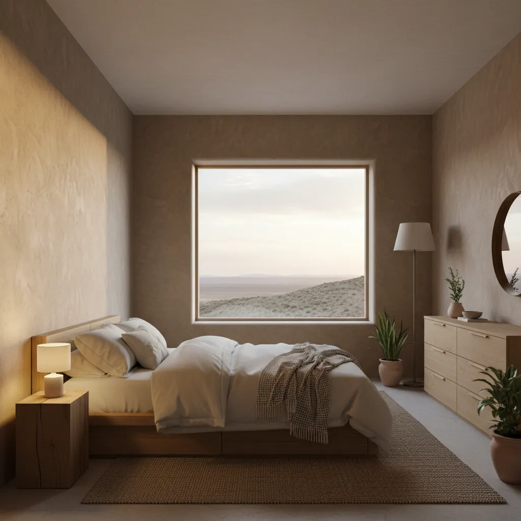 Dormitorio moderno con muros de adobe y diseño minimalista
