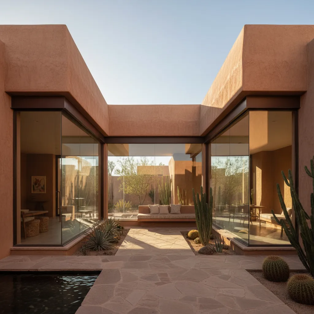 Casa de adobe moderna con patio interior y grandes ventanas