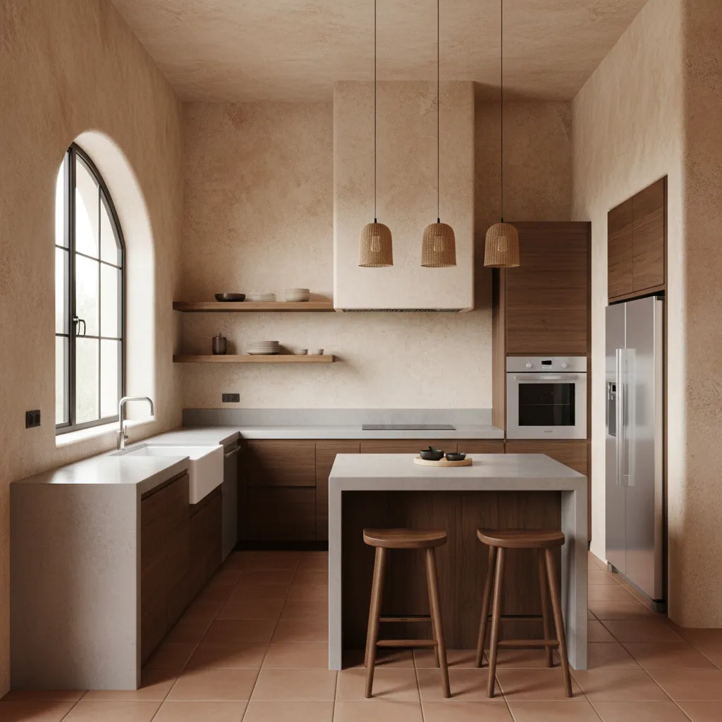 Cocina moderna integrada en casa de adobe con acabados contemporáneos