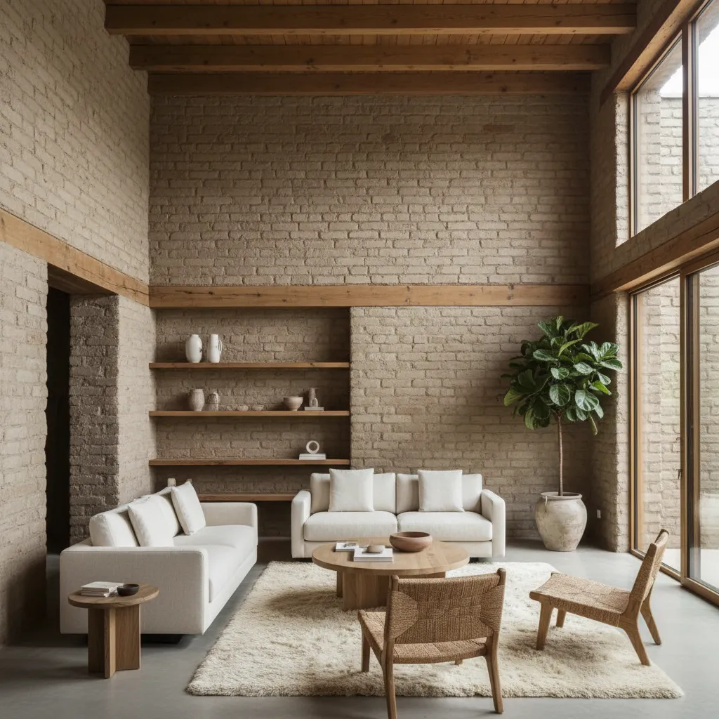 Sala de estar moderna con muros de adobe visibles y decoración minimalista
