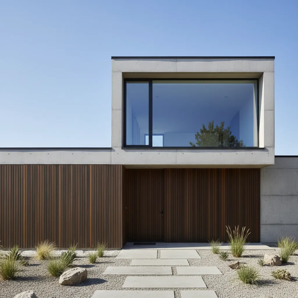 Fachada moderna sencilla con hormigón y madera