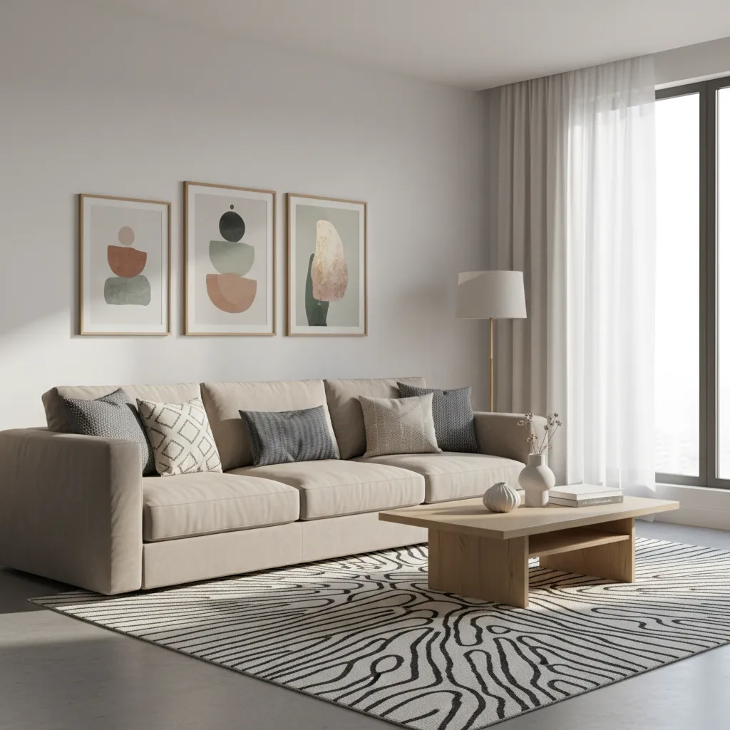 Modern living room decorated with affordable accessories like pillows, rugs, and wall art