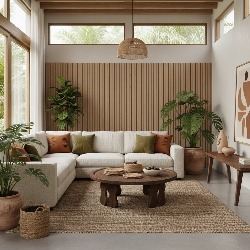 Sala moderna con inspiración africana y materiales naturales