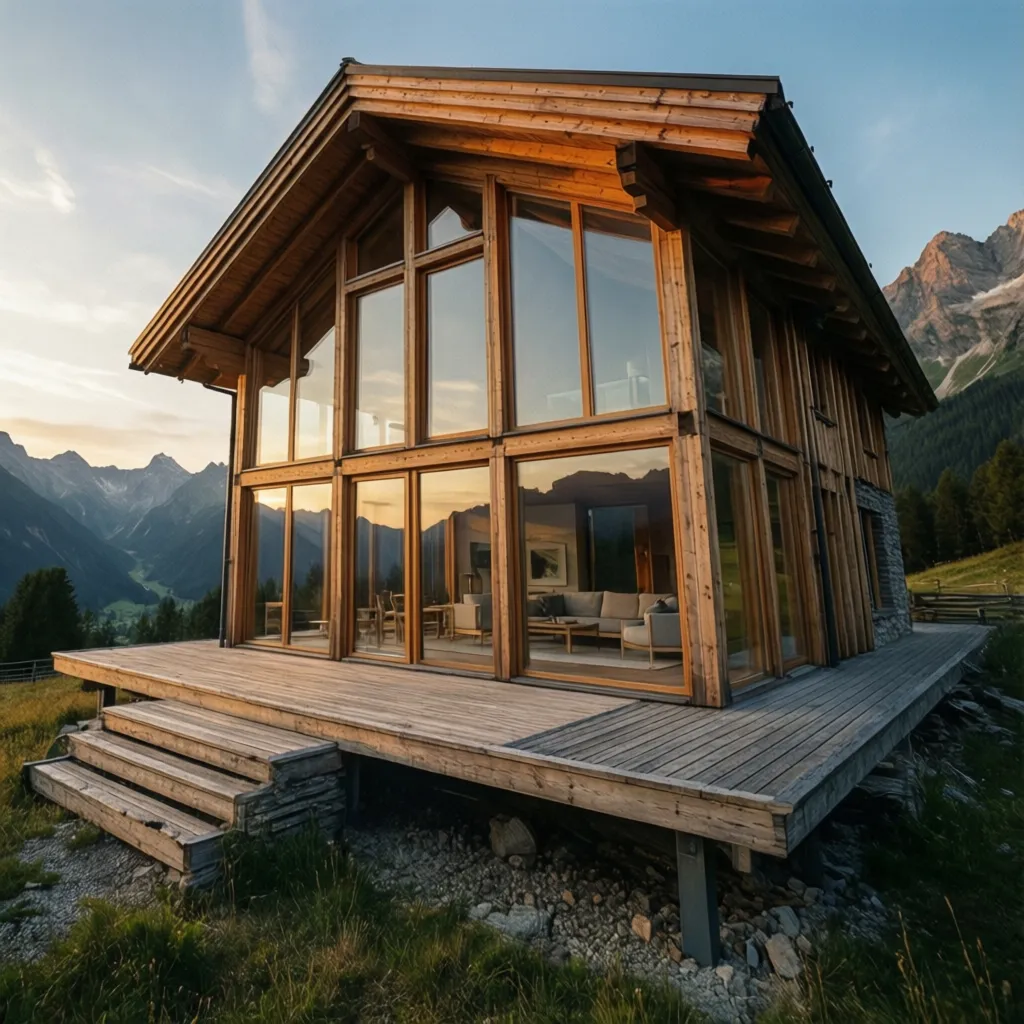 Modern wooden house with large glass windows wooden deck and big mountain view at sunset
