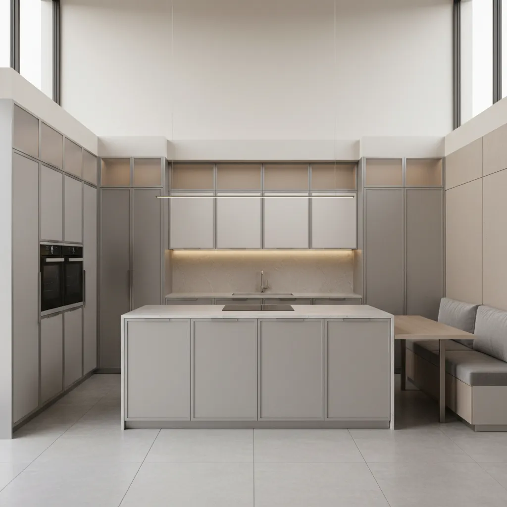 Modern modular kitchen with aluminium frame cabinets and sleek design