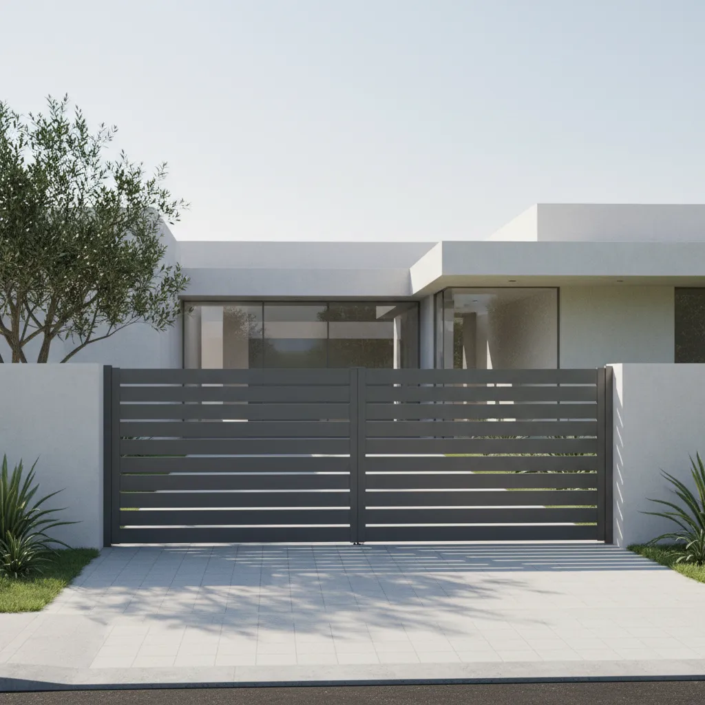 Powder-coated aluminum driveway gate at a modern home entrance
